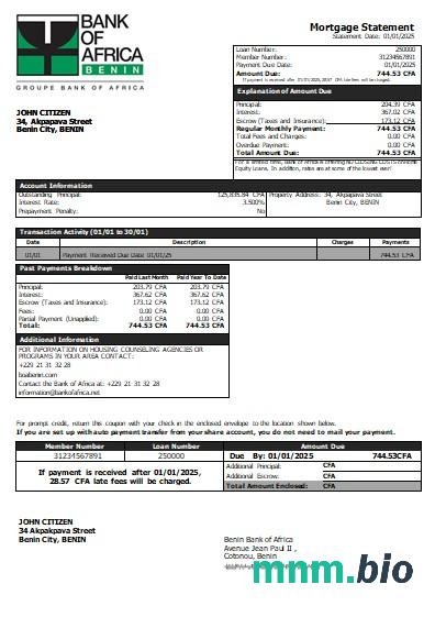 Benin Bank of Africa wyciąg z kredytu hipotecznego szablon Word i PDF